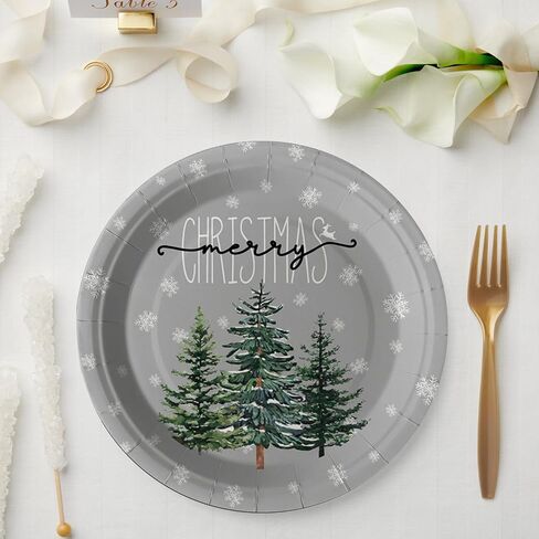 Horaldaily 40Pcs Christmas Paper Plates, Grey Christmas Pine Trees snow Plates for Party Birthday Holiday Dinner Event Disposable Tableware Supplies Decor, 9lnch in Saudi Arabia