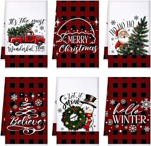 Preboun 6 Pcs Christmas Kitchen Towels Buffalo Check Plaid Dish Towels Winter Hand Towels Farmhouse Tea Towels Housewarming Gifts for Xmas Holiday Home Kitchen Decor in Saudi Arabia