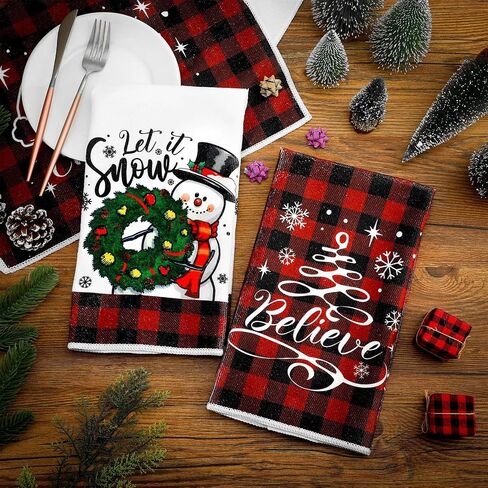 Preboun 6 Pcs Christmas Kitchen Towels Buffalo Check Plaid Dish Towels Winter Hand Towels Farmhouse Tea Towels Housewarming Gifts for Xmas Holiday Home Kitchen Decor in Saudi Arabia
