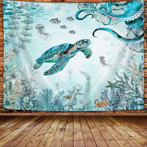 Wathon Sea Turtle Octopus Tapestry Blue Teal Ocean Wall Tapestry for Bedroom, Underwater Animal Seashell Jellyfish Coastal Nautical Tapestries, Sea Wall Art Poster for Dorm Home Decor 60X40IN in Saudi Arabia