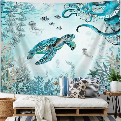 Wathon Sea Turtle Octopus Tapestry Blue Teal Ocean Wall Tapestry for Bedroom, Underwater Animal Seashell Jellyfish Coastal Nautical Tapestries, Sea Wall Art Poster for Dorm Home Decor 60X40IN in Saudi Arabia