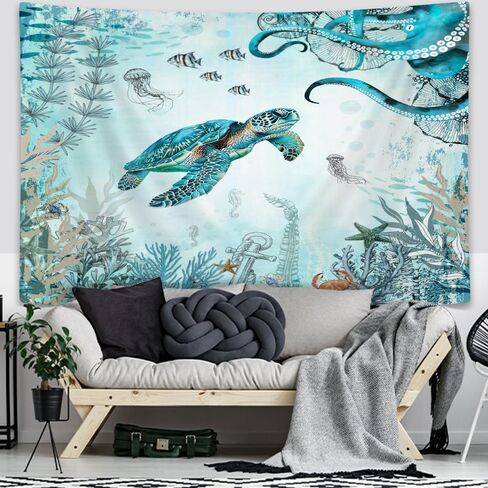 Wathon Sea Turtle Octopus Tapestry Blue Teal Ocean Wall Tapestry for Bedroom, Underwater Animal Seashell Jellyfish Coastal Nautical Tapestries, Sea Wall Art Poster for Dorm Home Decor 60X40IN in Saudi Arabia