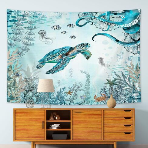Wathon Sea Turtle Octopus Tapestry Blue Teal Ocean Wall Tapestry for Bedroom, Underwater Animal Seashell Jellyfish Coastal Nautical Tapestries, Sea Wall Art Poster for Dorm Home Decor 60X40IN in Saudi Arabia