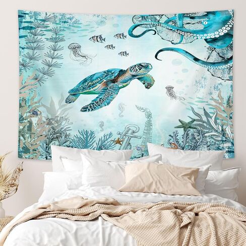 Wathon Sea Turtle Octopus Tapestry Blue Teal Ocean Wall Tapestry for Bedroom, Underwater Animal Seashell Jellyfish Coastal Nautical Tapestries, Sea Wall Art Poster for Dorm Home Decor 60X40IN in Saudi Arabia