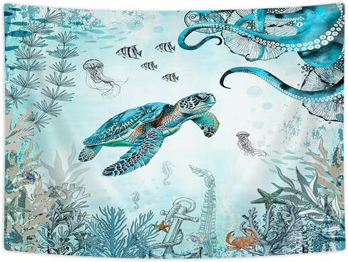 Wathon Sea Turtle Octopus Tapestry Blue Teal Ocean Wall Tapestry for Bedroom, Underwater Animal Seashell Jellyfish Coastal Nautical Tapestries, Sea Wall Art Poster for Dorm Home Decor 60X40IN in Saudi Arabia