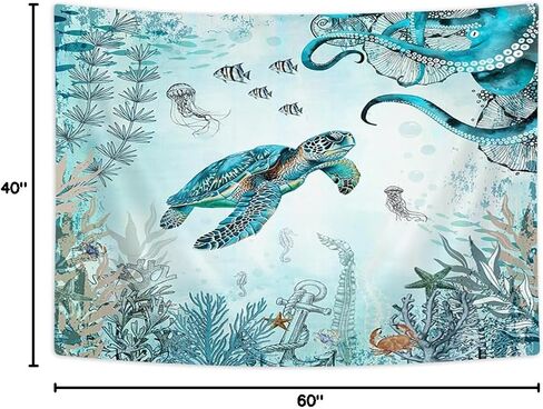 Wathon Sea Turtle Octopus Tapestry Blue Teal Ocean Wall Tapestry for Bedroom, Underwater Animal Seashell Jellyfish Coastal Nautical Tapestries, Sea Wall Art Poster for Dorm Home Decor 60X40IN in Saudi Arabia
