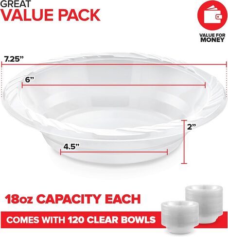 Stock Your Home (120-Count) Elegant 18 oz Clear Plastic Bowls for Parties, Large Disposable Bowl for Fancy Dinner or Cocktail Party, Soup and Salad, Thick and Sturdy in Kuwait
