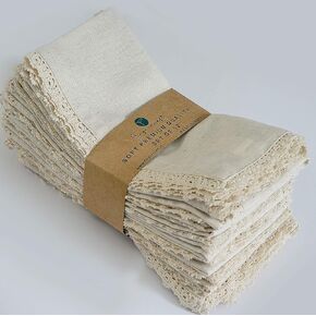 Fingercraft Dinner Napkin Cotton Linen 12 Pack Vintage Rustic Premium Quality Mitered Corners Napkin Cloth with Elegant Lace for Everyday Use, are Pre Shrunk and Good Absorbency with Lace Ivory