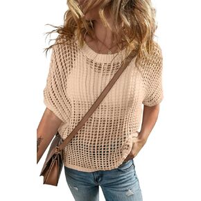 UEU Womens Summer Tops Crochet Short Sleeve Mesh Knit Sweater Shirts Beach Swimsuit Swim Cover Ups Sexy 2025 Trendy Clothes