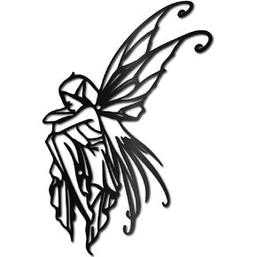 CREATCABIN Fairy Metal Decor Angel Moon Wall Decoration Black Fairy Sculptures Hollow Out Wall Hanging Statue Ornament Wall Art for Housewarming Gifts Outdoor Garden Farmhouse Living Room 12 x 9Inch