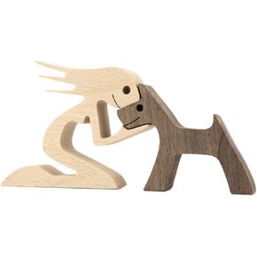 BOBO BIRD Wooden Dog Cat Family Statue, Handmade Wood Decoration, Cute Puppy, Kitty and People Statue Sculpture Ornament Collectible Figurine Craft Arts for Home, Office, Living Room (Women+Puppy（S）)