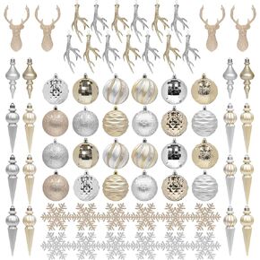 KI Store Christmas Tree Decoration Set Silver and Champagne Gold 69pcs Large Shatterproof Christmas Balls Deer Ornaments Snowflakes Assorted for Xmas Tree Decor