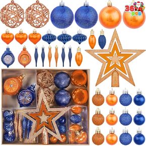 Joiedomi 36 Pcs Blue and Orange Christmas Tree Ornaments with Star Topper and Heart, Shatterproof Christmas Ball Ornaments Set, Assorted Xmas Hanging Decorations for Tree Wreath Garland Holidays