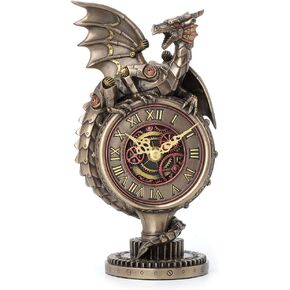 Veronese Design 10.25 بوصة Steampunk ميكانيكي التنين يجلس على أعلى ساعة والعتاد الوقوف العتيقة البرونزية النهاية النحت تمثال الطاولة