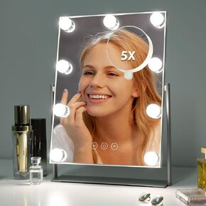 Vanity Mirror with Lights, Lighted Makeup Mirror with 9 Dimmable Bulbs, 3 Color Lighting Modes, Detachable 5X Magnification Mirror and 360 Degree Rotation