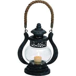 Deco 79 93996 Metal Glass Jute Lantern, 8"W/9"H
