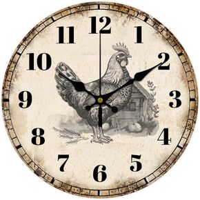 CHGCRAFT Hen Wall Clock Chicken Wall Clock Non-Ticking Clock Country Style Round Wooden Decorative Wall Clock MDF Printed Wall Clock for Home Living Room Bedroom Home Office Decoration