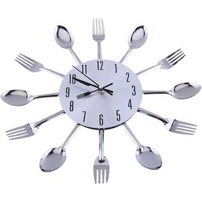 Kitchen Wall Decor, Stainless Steel Large 3D Mirror Modern Design Cutlery Kitchen Utensil Spoon Fork Wall Clock for Kitchen or Eating Area Decoration