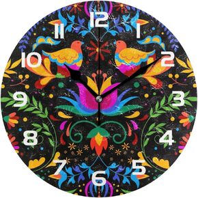 xigua Mexican Flower Pattern Wall Clock, Silent Non Ticking 10 Inch Battery Operated Wall Clocks, Easy to Read Clock for Home Kitchen Living Room Bathroom Office Decor