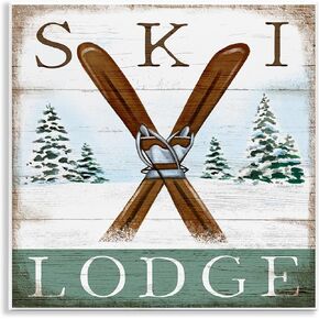 Stupell Industries Ski Lodge Rustic Cabin Sign Snowy Tree Forest, Design by Elizabeth Tyndall Wall Plaque, 12 x 12, White
