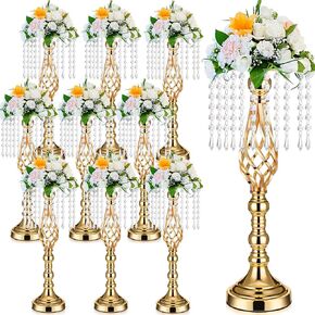 Unittype 9 Pcs Gold Wedding Centerpieces for Table Gold Crystal Flower Stand 19.3 inch Tall Flower Vase with Chandelier Metal Flower Holders for Wedding Party Reception Dinner Tabletop Decorations