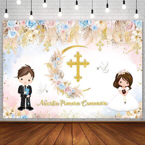 8x6ft Mi Primera Comunion Backdrop for Girl Boy Nuestra Primera Comunión God Bless Baptism Party Decoration Christening Mi Bautizo Banner Chalice Boho Floral Photography Background Photo Props