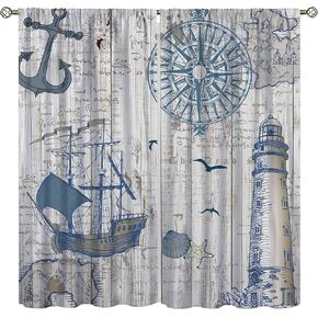 Nautical Bedroom Curtain,Retro Sailboat Lighthouse Compass Anchor Farmhouse Wooden Background Design Lightweight Window Treatment Fabric 21x45in,2 Panel Set