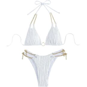 GORGLITTER Women's Textured Swimsuit Cut Out Chain Linked Triangle Top Tie Side Thong Bikini Set in Kuwait