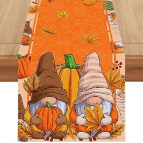Linen Fall Table Runner 72 Inches Long Fall Gnomes Pumpkin Leaves Table Decor Farmhouse Fall Autumn Thanksgiving Home Kitchen Dining Room Table Decorations