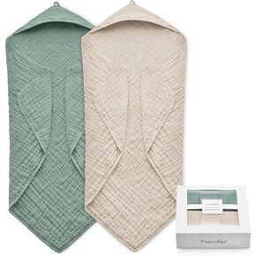 Hooded Baby Towels for Newborn, 2 Pack 100% Muslin Cotton Baby Bath Towel with Hood for Baby Toddler and Kids, Large 35x35 Inch Baby Boy & Girl Towels, Essentials Must Have