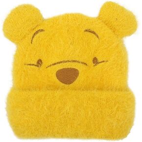 Bioworld Winnie The Pooh Character Face Yellow Fuzzy Yarn Cuff Beanie with 3D Ears