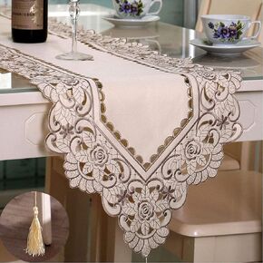 LeLehome 15 X 69 Inch Embroidery Table Runner, Classic Flowers Floral Dresser Scarf Beige Home Kitchen Dining Decoration - Brown Flower