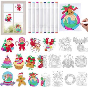 Leinuosen 28 Pcs Color Your Own Window Clings with Markers Stain Glass Craft DIY Paint Kit Window Art Fun Activities Crafts Sun Catcher for Adults Women Home Decor(Animals)