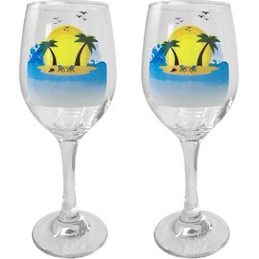 BANBERRY DESIGNS Beach Wine Glasses - Set of 2 Standard Size – Hand-Painted Design - Fun Wine Glass - 7 3/4" Tall