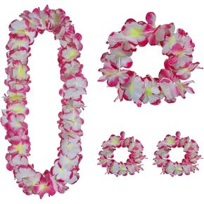 Leis for Luau Party, Thickened Hawaiian Pink 1 2 4 6 Set Leis Bulk, Tropical Flower Lei Headband Bracelets Party Supplies