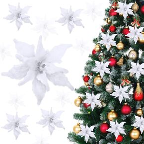 Riceshoot 12 Pcs Poinsettias Artificial Christmas Flowers Large White Plush Fake Poinsettia Flowers 10.24 Inch Fluffy Poinsettia with Clips and Stems for Xmas Tree Ornaments Decorations Wreath Party