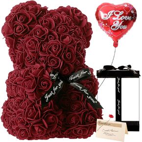 Gifts for Women - Rose Flower Bear - Rose Bear,Pure Handmade Rose Teddy Bear,Gift for Mothers Day,Valentines Day, Anniversary and Bridal Showers,w/Clear Gift Box and Greeting Card (Red)