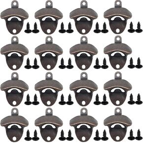 16PCS Wall Mount Bottle Opener Kit with Screws, Vintage Rustic Bar Bottle Opener Wall Mount Rustic Beer Cap Opener with Mounting Screws for Kitchen Cafe Bars(Red Bronze)