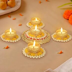 TIED RIBBONS 5 pcs Handmade Tea light Candle Holder for Pooja | Tealight Candle Holder for Diwali, Mandir | Indian Return Gifts for Housewarming | Indian Decorations for Home, Office | Tealight Holder