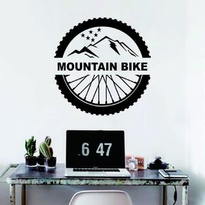 Mountain Bike Wheel Wall Decal Art Adventure Mountain Sports Wall Sticker for Kids Room Removable Interior Home Wall Vinyl Mural Wallpaper AFN91 (Black)