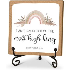 Christian Desk Decor, I am a Daughter of the Most High King Sign, Christian Room Decor, Christian Gifts for Women Men Family Friends, Funny Wooden Sign for Home Office Decoration Shelf-A25