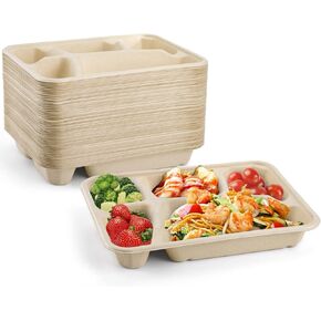 Elsjoy 50 Pack 5-Compartment Disposable Plates, 11" x 8" Compostable School Lunch Tray Divided Paper Plates, Sectional Plate Paper Tray for School, Party, Made of Sugar Cane Fiber