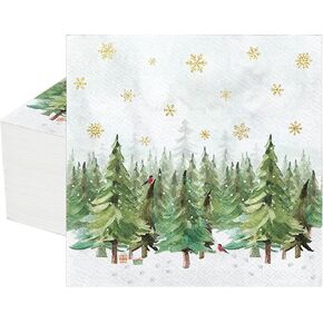 Whaline 80Pcs Christmas Paper Napkin Watercolor Xmas Tree Snowflake Disposable Napkin Winter Woodland Forest Dessert Dinner Hand Napkin for Holiday Party Supplies