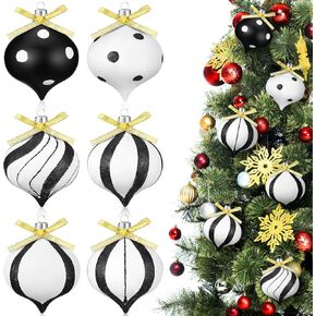 Meooeck 36 Pcs Black and White Christmas Ball Ornaments 2.36'' Plastic Glittered Checkered Ball Ornament with Red Bows Buffalo Plaid Decorative Hanging Ornaments for Xmas Tree Halloween Party Decor
