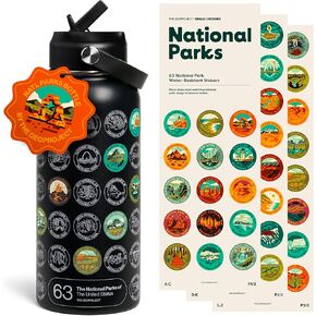 National Parks Water Bottle with Stickers Kit, Erikas Chesonis Collaboration, Adventure Flask with Straw, Waterproof Stickers for Water Bottle, Insulated Stainless Steel 32oz (Tan)