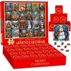 Puzzles Advent Calendar 2024 for Adults Teens, 24 Day Stained Glass Christmas Jigsaw Puzzle Countdown Calendar Xmas Surprise Gifts for Family Friends