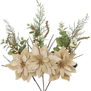 3 Pcs Poinsettias Artificial Christmas Flowers Golden Silk Poinsettia Bushes for Christmas Decor Fake Poinsettia Flowers Picks Velvet Bouquet for Home Table Centerpiece Holiday Xmas Ornaments