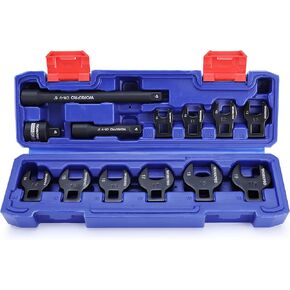 WORKPRO 3/8" Drive Crowfoot Wrench Set, 13 Pcs Metric Crows Foot Wrench Set with 2 Extension Bars, 1/2'' to 3/8'' Adapter, and Portable Storage Box, 10mm to 19mm, Access Fasteners in Tight Spaces