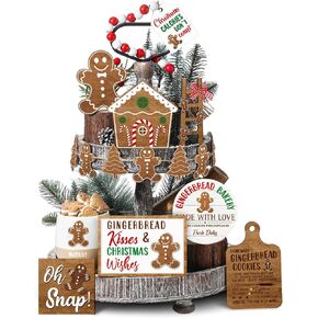 20 Pcs Neutral Christmas Tiered Tray Decor Gingerbread Wood Sign Rustic Christmas Table Decorations Mini Block Signs for Xmas Winter Kitchen Home Table Centerpiece(Stylish Style)