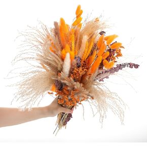 120 Pcs Natural Dried Pampas Grass Fall Decor 17 Inches Autumn Fluffy Orange Grass Bouquet Eucalyptus Boho Decor for Vase Wedding Floral Room Home Party Table Centerpieces Decorations